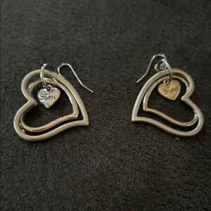 GUESS Silver Logo Dual Heart Dangle Charm Fishhook Earrings